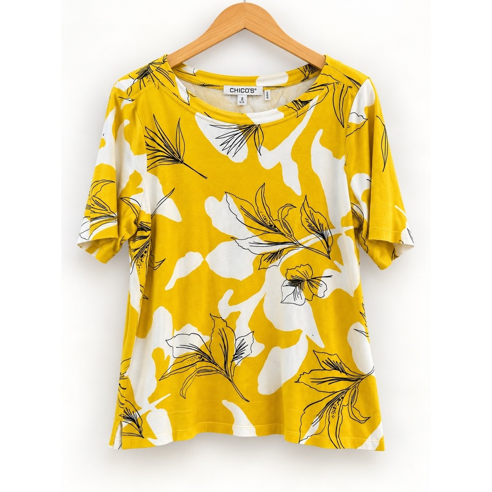 Chico's Yellow Floral Pima Cotton Boat Neck Top Short Sleeve Size 2 L